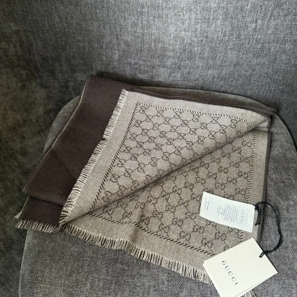 GUCCI Wool Reversible Scarf Stole All-Over Pattern Brown 402093 NEW